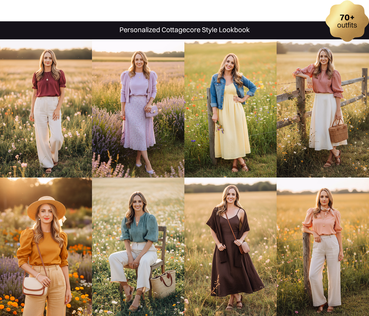 Women's personalized cottagecore style aesthetic digital lookbook - see yourself in 70+ professional outfits